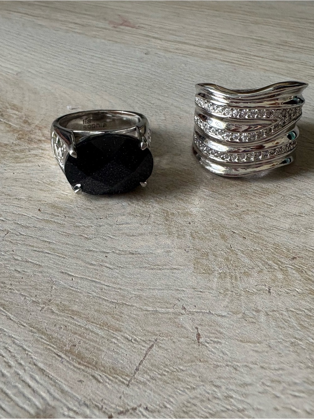 Silver Rings Set with Black Oval Stone and Crystal-Accented Band